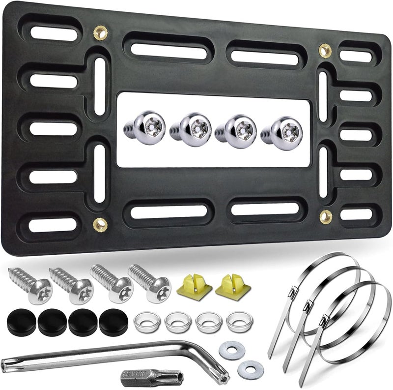 AOOTF Front License Plate Bracket Holder - Universal Front Bumper License Plate Mounting Kit, 2 Drill Holes Car Tag Adapter with Anti Theft Stainless Steel Screw Bolt Caps - Image 1